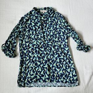 Turo by Vince Camuto Navy Blue Hummingbird Print Button Down Shirt Roll Tab XS